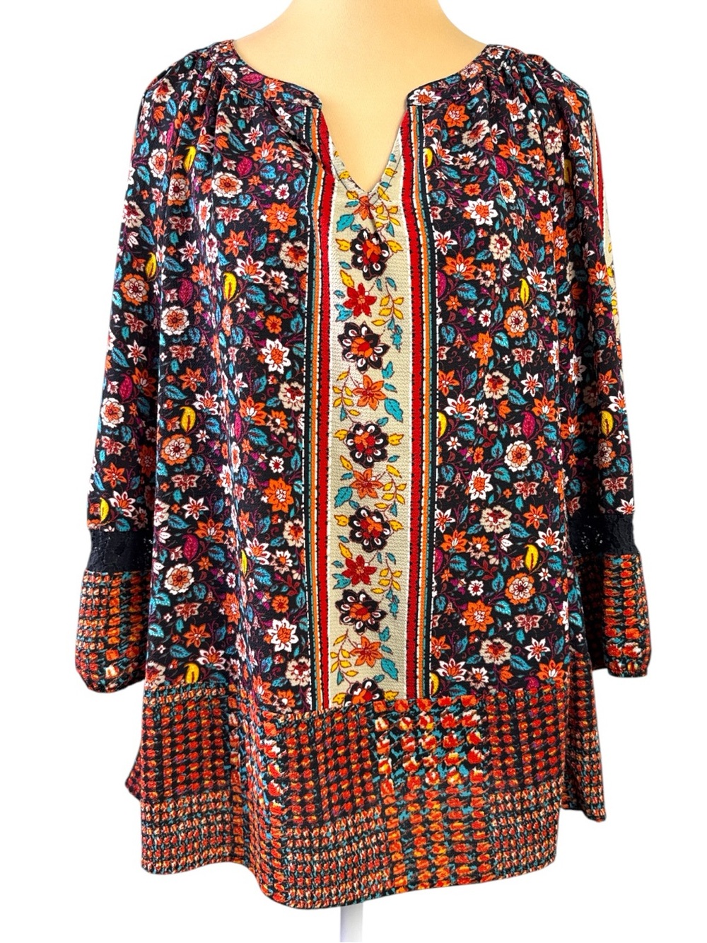 Figueroa & Flower XL Bohemian Floral Tunic Top Black Multicolor Peasant Blouse